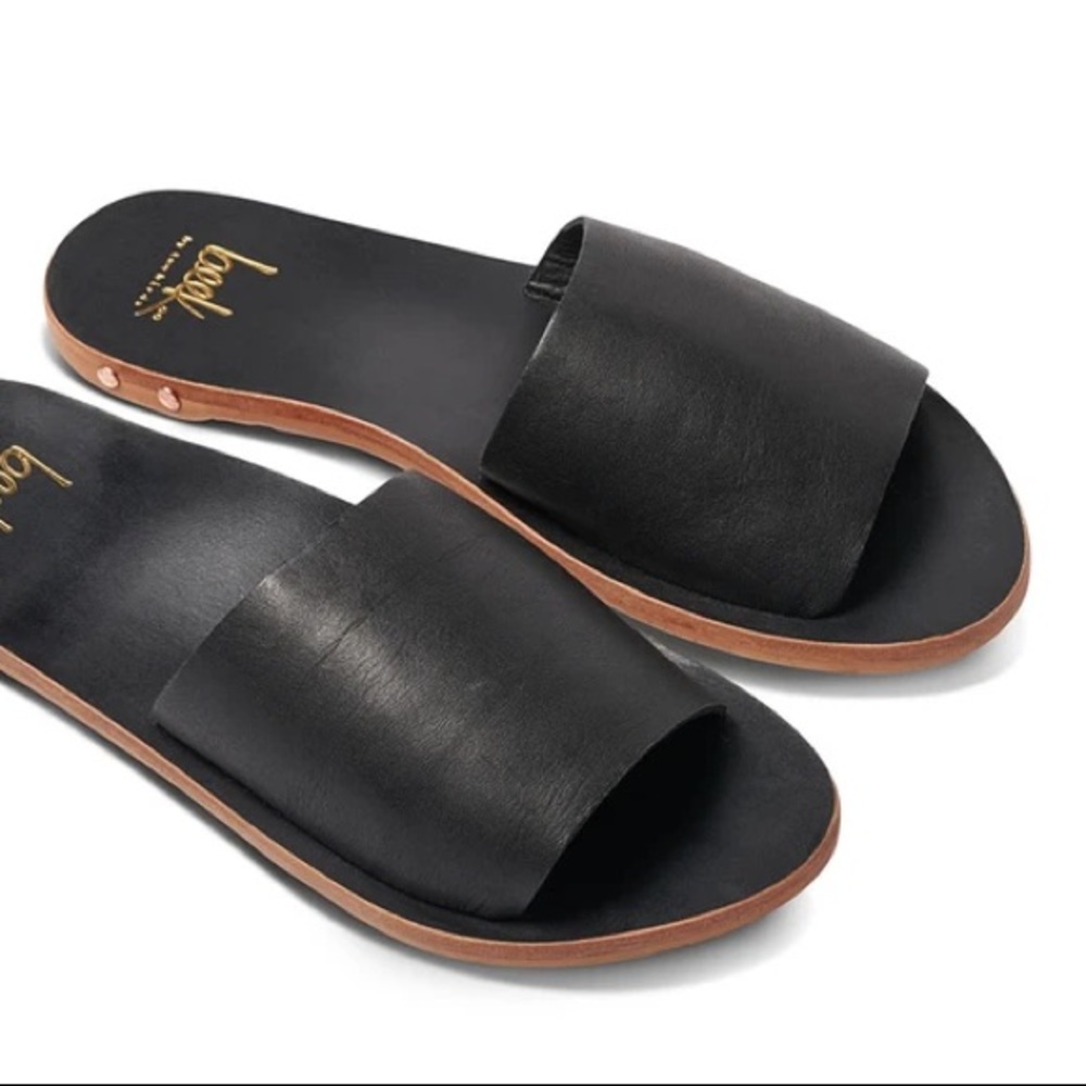 beek Black Leather Slide Sandals with Tan Sole